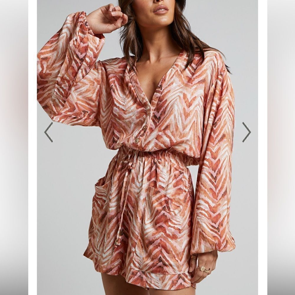 Amalie The Label Lotte Linen Blend Long Sleeve‎ Playsuit Tonal Zebra SZ 4